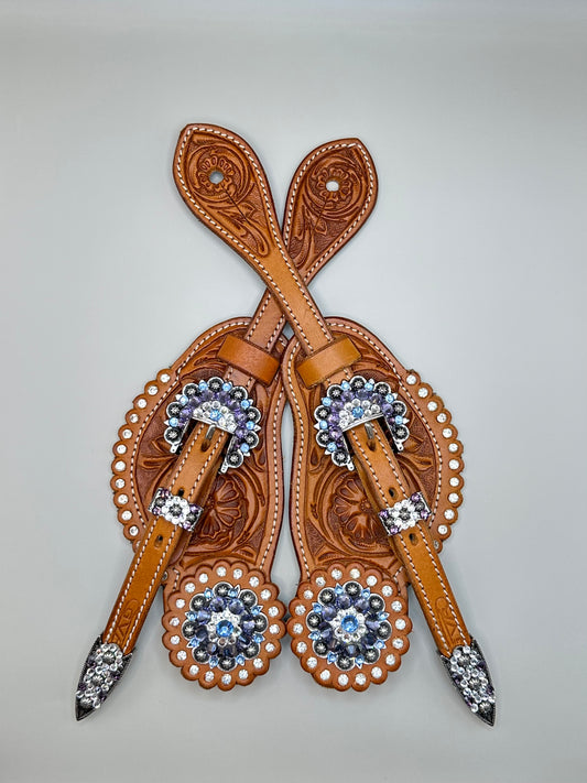 Sporenriemen Set Strass Western - Chestnut mit Beschlägen in hellblau/violett