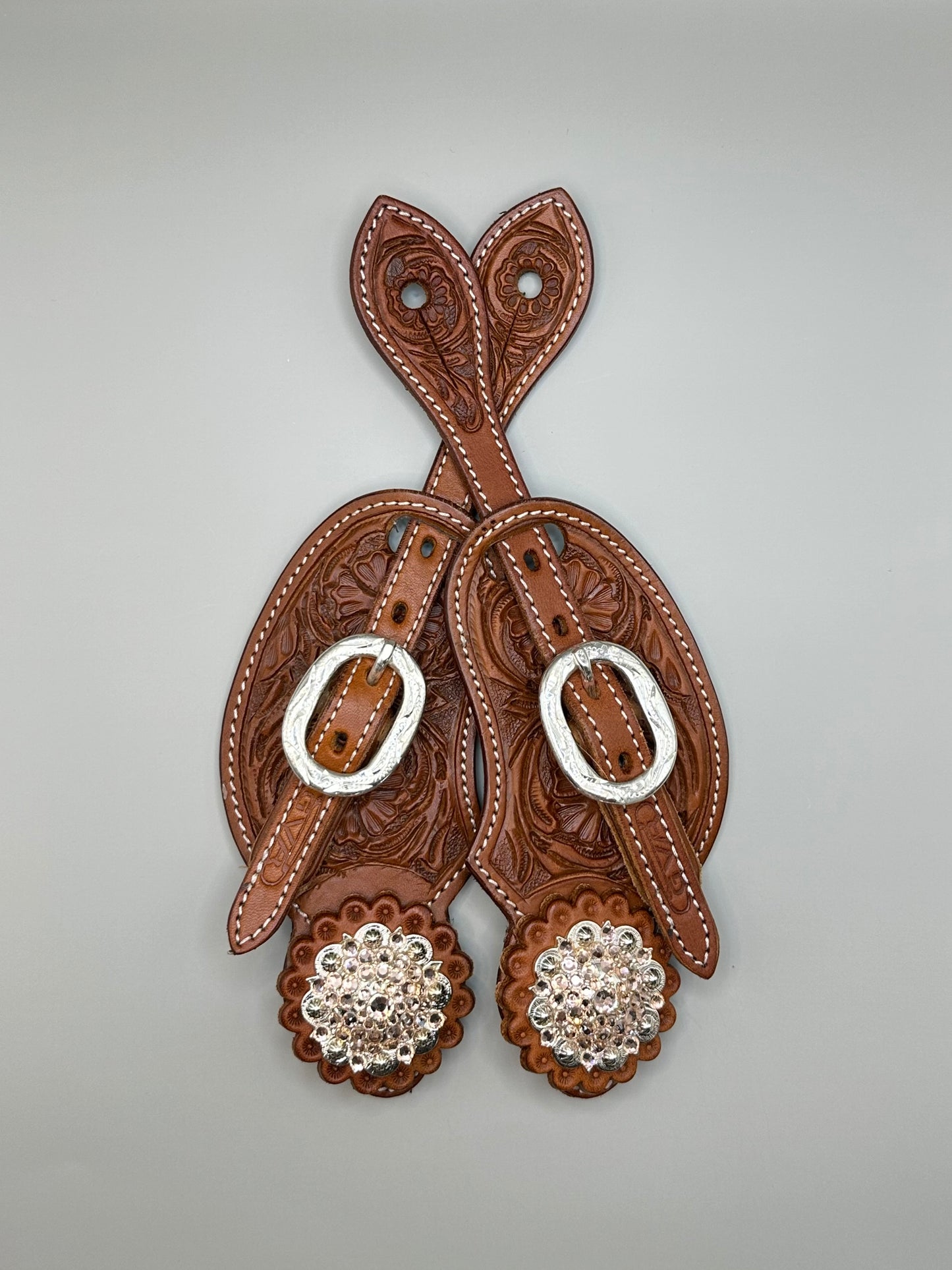 Sporenriemen Set Damen Western - Chestnut mit rosèfarbenen Strass-Conchos